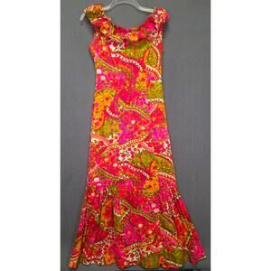70s Lilia Honolulu Hawaiian Psychedelic Maxi Dress XS Vibrant Tropical Resort